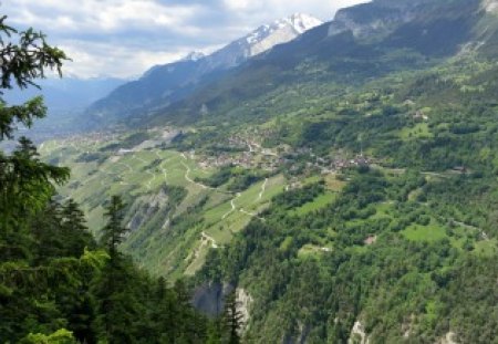 majestic view of an alpine valley - villages, mountains, roads, valley, trees, grass