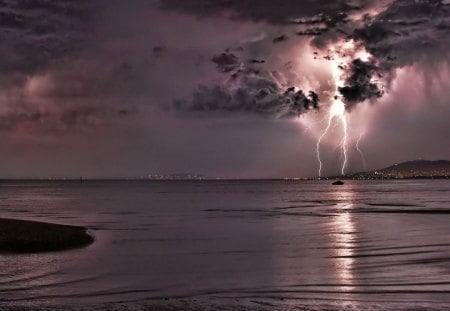 fantastic lightning sky - clouds, shore, lights, harbor, lightning, sky