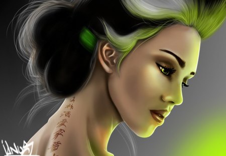 The woman- fantasy - green, the woman, fantasy, hair