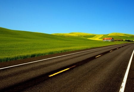 highway by greenfield - hill, highway, fields, blacktop, grass