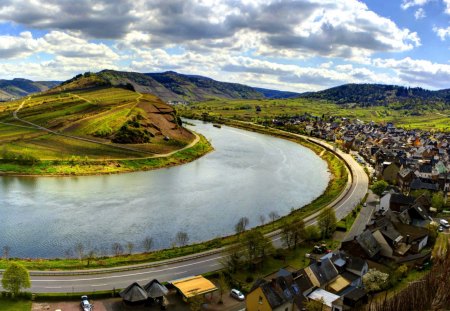 lovely town at the bend in the river - bend, town, clouds, river, shore