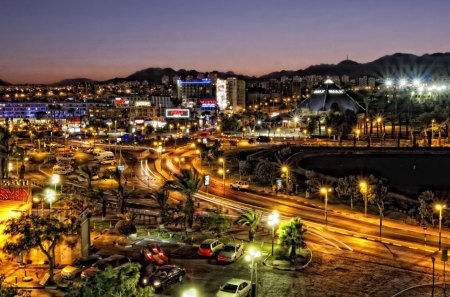 beautiful night scene at center of town hdr - street, lake, town, nught, hdr, lights