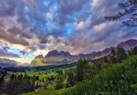 spectacular alpine meadow hdr - village, clouds, hdr, meadow, forest, mountains