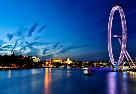 the london eye at night - city, ferris wheel, lights, river