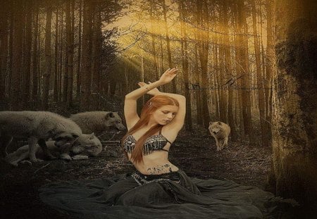 Watching Over My Own - woman, wolves, abstract, animals, fantasy