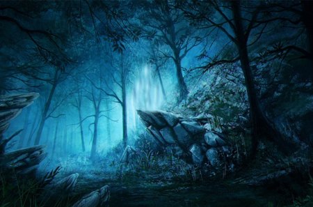 Blue dark forest - fantasy, blue, beautiful, forest, lovely, magical, tree, dark