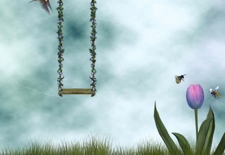 ✰Swinging in Spring✰ - pretty, summer, spring, flowers, premade, plants, seasons, colors, love, tulip, cheerful, swing, resources, nature, wings, cute, background, animals, flutter, bird, splendor, leaves, grasses, sky, clouds, trees, bee, beautiful, cool, lovely, sweet, colorful, stock images, bright