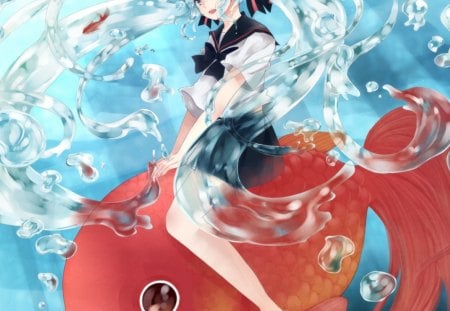 GoldFish Rider - anime, vocaloid, female, bottle miku, gold fish, hatsune miku, tail, long hair, anime girl, water, twintails, hot, girl, bubble, miku, underwater, cute, aqua hair, hatsune, sexy, fish, vocaloids