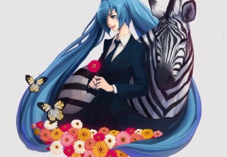 Zebra Miku - anime, vocaloid, female, blossom, hatsune miku, long hair, animal, blue hair, plain, anime girl, twintails, hot, girl, simple, flower, cg, zebra, miku, butterfly, cute, hatsune, 3d, floral, sexy, vocaloids, stripes