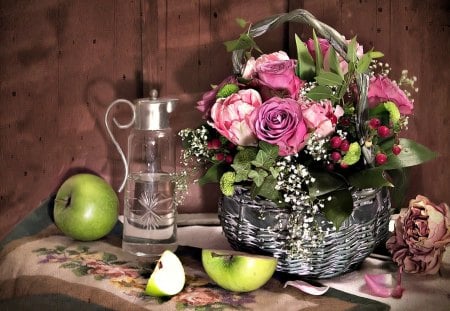 Still Life - beauty, pink roses, roses, photography, basket, rose, lovely, still life, apples, nature, pretty, beautiful, flowers, apple