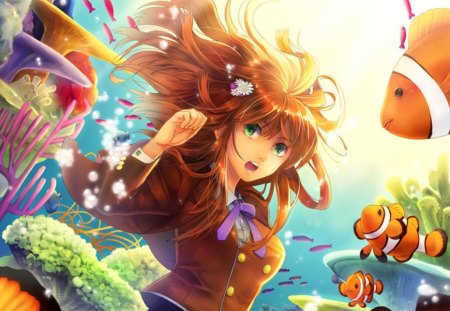 CoralFish - pretty, coral fish, anime, female, green eyes, tail, long hair, nice, anime girl, realistic, water, reef, beautiful, hot, girl, beauty, lovely, sweet, cg, coral, coral reef, underwater, bubbles, cute, 3d, sexy, fish