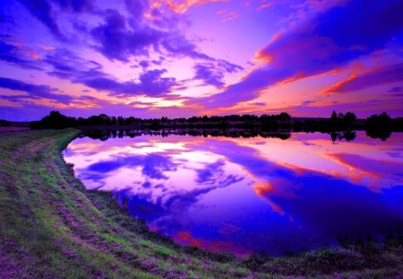 SUNSET REFLECTION - evening, beach, grass, lake, sky, reflection, trees, sunset, england