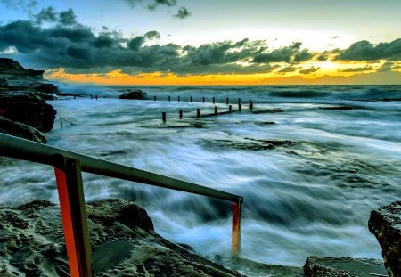 SEA SUNSET - fence, landscape, beach, sunset, sea