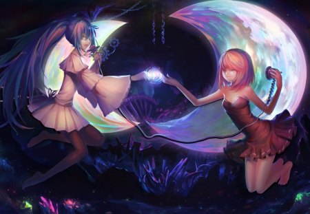 Hatsune Miku and Kagamine Rin - moon, anime, vocaloid, blue, girl, hatsune miku, night, light, pink, black, manga, kagamine rin, white, punk, luna