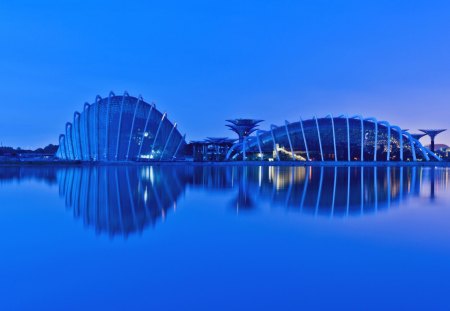 modern buildings reflected in lake - blue, modern, lake, reflection, buildings