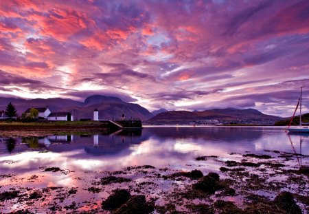 wonderful sky at sunset over harbor - farm, sky, popular, harbor, wallpaper, shore, sunset, rocks, nature, oceans, clouds, sunsets, hdr, boat