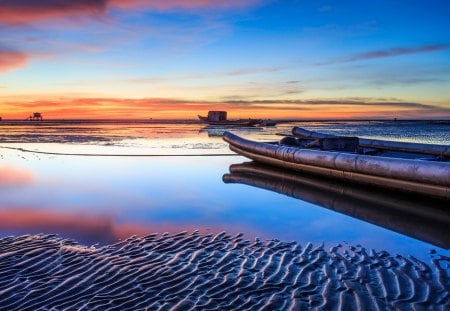 pontoon boats on the beach at sunset - boats, sunset, beach, pontoons, ripples