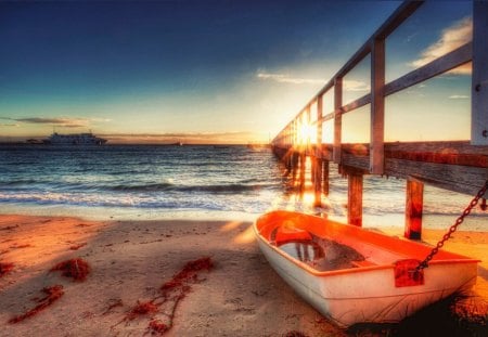 little row boat tied to sea pier at sunrise hdr - ship, beach, pier, hdr, sea, sunrise, boat