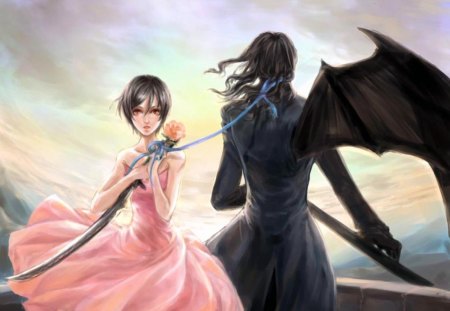 Saya x Haji - gown, sword, flower, rose, cute, lover, hot, anime girl, saya, girl, male, blade, floral, devil, couple, demon, handsome, short hair, blood plus, wing, saya otonashi, haji, love, anime, dress, long hair, bloodplus, sexy, black hair, female, guy, boy