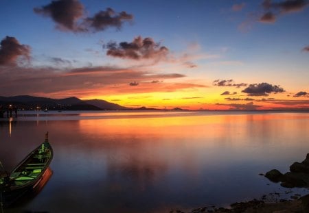 powerboat in bay at sunset - sunset, light, boat, bay