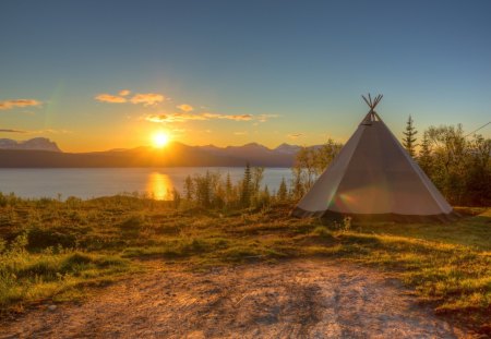 lovely tepee on a lake shore at sundown hdr - lake, trees, sundown, shore, hdr, teppe