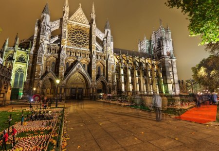 glorious cathedral at night - entrance, people, night, market, cathedral, lights