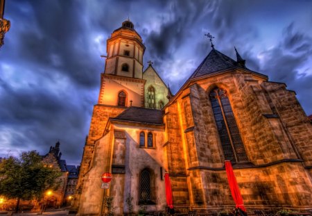 wonderful church in town hdr - town, church, night, hdr, lights