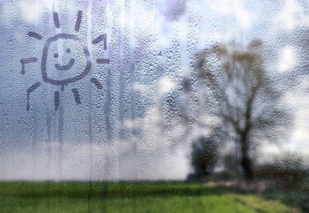 Sun On A Rainy Day - windows, rain, sun, field, wet window, happy