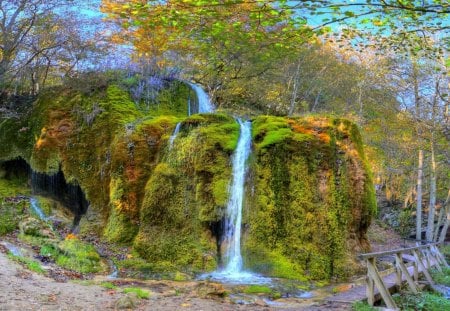 amazing waterfalls on the rock hdr - vegetation, waterfalls, hdr, rocks, bridge