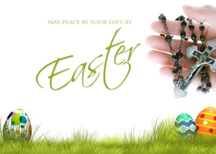 May Peace Be Your Gift... - eggs, spring, grass, easter, necklace, easter eggs, holiday, hand, cross, Jesus