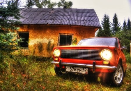 the russian lada hdr - hdr, grass, car, abandoned house