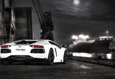 a white lamborghini on the docks at night - moon, lamborghini, capristo, night, docks, port, white, italian, ship, car, aventador