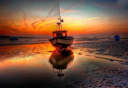 boats at massive low tide in twilight hdr - boats, beach, twilight, hdr, low tide