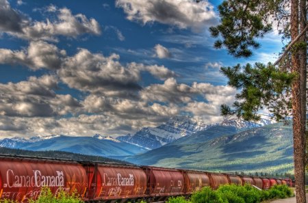 tanker train going to the canadian rockies hdr - clouds, train, hdr, tanker, forest, mountains