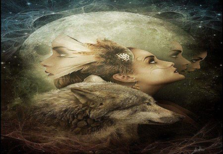 Moon Godess - women, moon, abstract, fantasy, animal, wolf