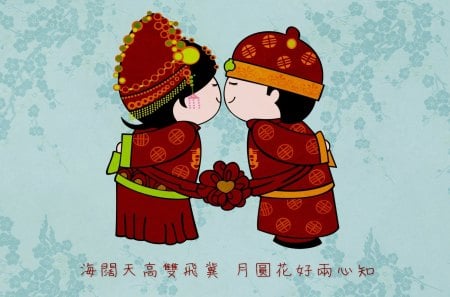 Chinese Wedding - blue, red, chinese, wedding, romance, lover, flower