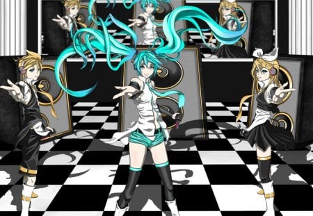 ~Vocaloid Concert~ - hatsune miku, len and rin kagamine, vocaloid, mirror, anime, speakers, microphones, concert