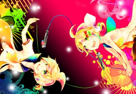 What A Wonderful World - flowers, colorful, microphones, vocaloid, rin and len kagamine, anime, siblings