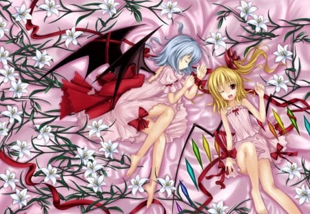 Pink Scarlet - sleeping, nice, remilia scarlet, female, hot, blond, wings, anime girl, red eyes, blond hair, touhou, pretty, blonde hair, anime, wink, ribbon, cute, short hair, flandre scarlet, sexy, blue eyes, lovely, sleep, floral, pink, wing, blossom, sweet, blonde, flower