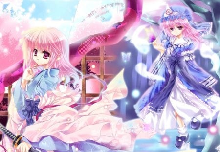 Saigyouji Yuyuko - pretty, saigyouji yuyuko, anime, kawaii, female, dress, long hair, touhou, sparks, nice, pink hair, gown, anime girl, girl, lovely, sweet, butterfly, cute