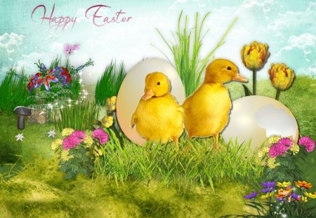 Easter Chics - easter, spring, white, chics, yellow, pink, green, holiday, flowers, cute