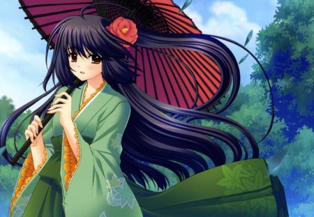 Green Kimono - beauty, nice, sky, female, hot, anime girl, cloud, pretty, umbrella, green, anime, kimono, cute, sexy, girl, long hair, lovely, beautiful, yukata, sweet