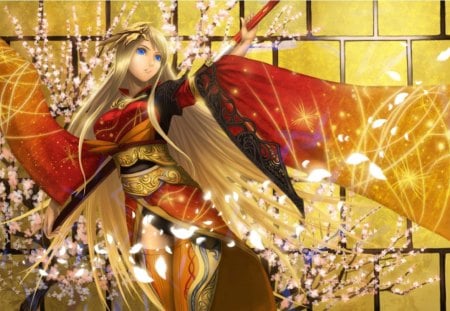 Blossom Warrior - pretty, magic, female, blossom, light, armor, blond, weapon, blue eyes, hot, beauty, kimono, sakura blossom, flower, petals, yukata, cg, cute, floral, 3d, sexy, anime, elegant, warrior, blonde, blond hair, long hair, rod, gorgeous, sparks, fighter, anime girl, sakura, realistic, beautiful, staff, girl, blonde hair, lovely, sweet, glow, fantasy