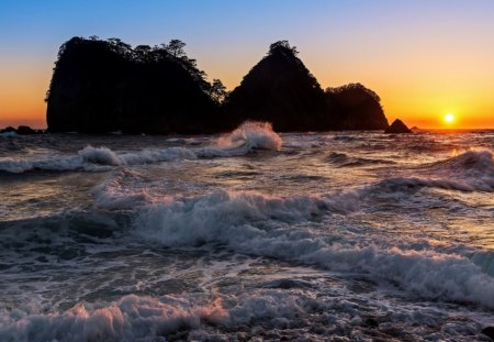 Sunset - sky, rocks, tree, sunset, sea