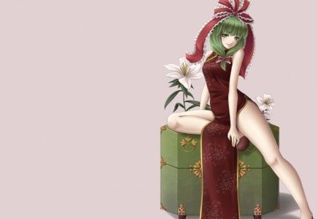 Kagiyama Hina - pretty, anime, elegant, female, green eyes, green hair, long hair, oriental, touhou, gorgeous, plain, ribbon, nice, anime girl, realistic, beautiful, hot, chinese, kagiyama hina, simple, beauty, lovely, sweet, flower, cg, cute, 3d, floral, sexy