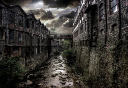 abandoned street - street, buildings, storm