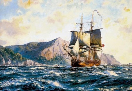 tallship painting - long boat, auchored, island, rough sea, english