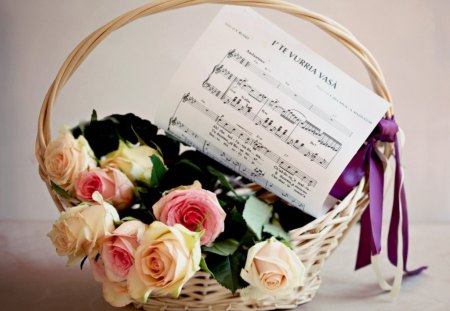 Flowers in the basket - flowers, roses, basket, arramgement, musical notes