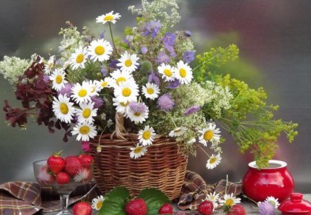 Still life - strawberries, arrangement, pot, flowers, basket, daisies, still life