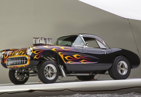 classic beauty - classic, black, flames, car